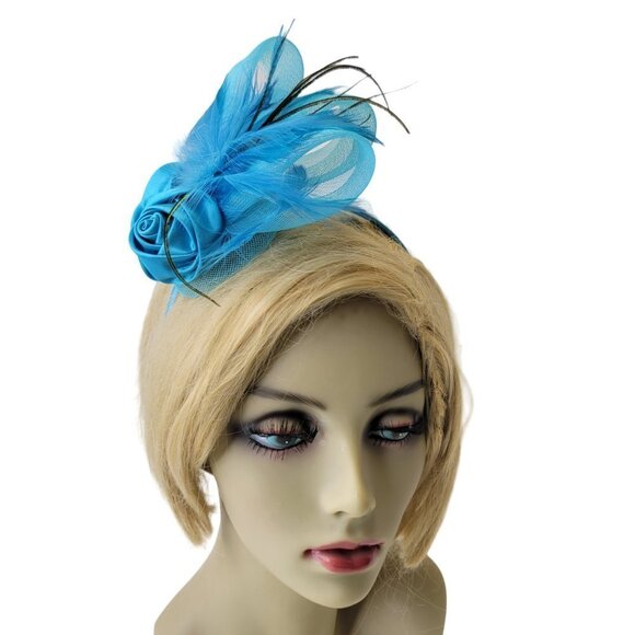 Blue Roses Headband Fascinator with Bows and Blue Feathers - Picture 7 of 15